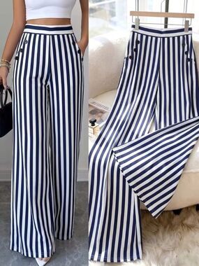 NWT Navy White Striped Wide Leg Pants High Waist Sailor Button Palazzo 12